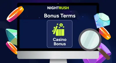 Laptop shows casino bonus with bonus terms.
