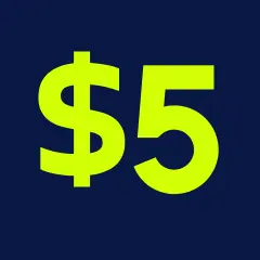 5 Dollar symbol in yellow against a blue background.