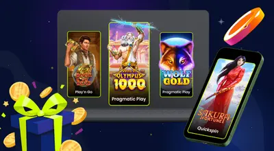Three slots on a laptop and a slot on a phone with casino items against a starry background.