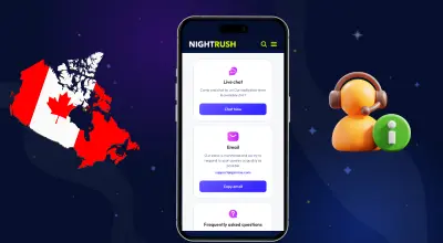 Nightrush site on a phone with a CA flag and customer help logo against a starry background.