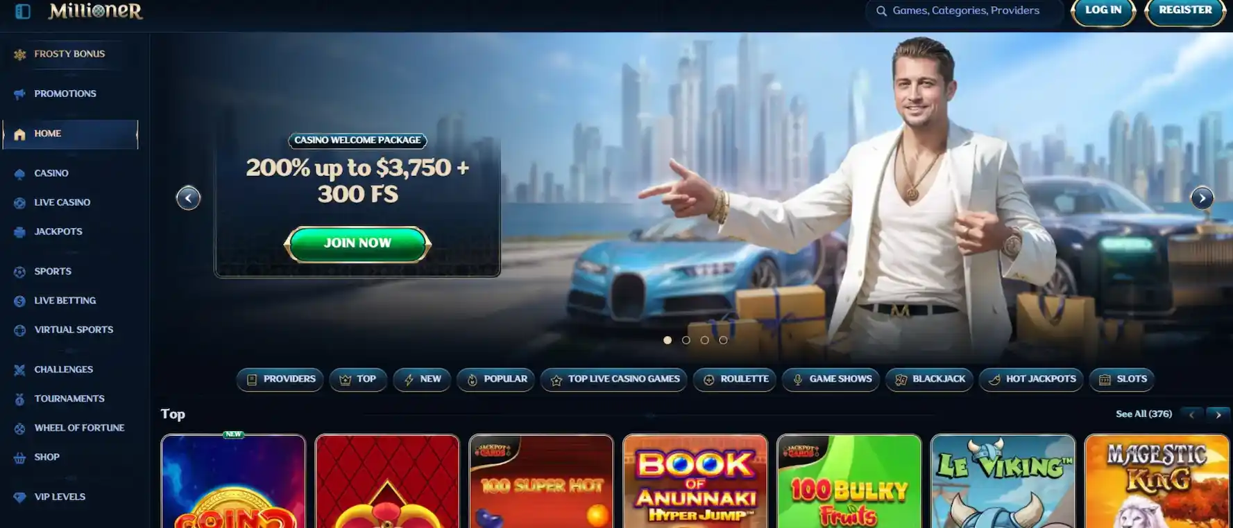 Screenshot of Millioner casino's homepage