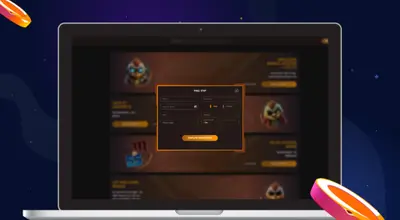 Casino registration on a laptop with two coins against a blue background.