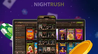 Multiple devices (laptop and smartphone) display the lobby of Lanista featuring various live dealer game titles.