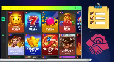 Laptop screen showing casino games next to a checklist and a handshake icon.
