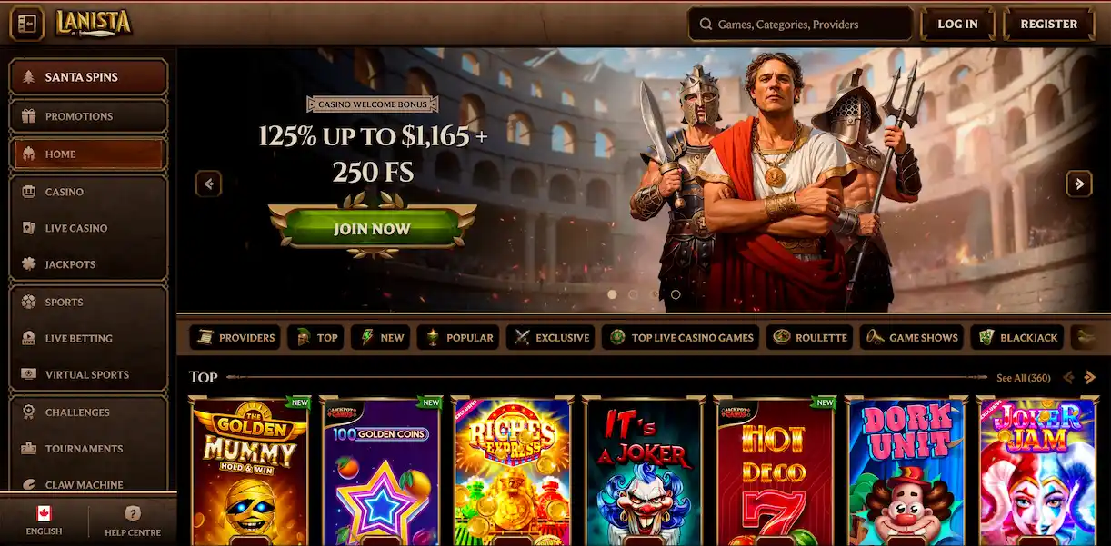 Lanista Casino homepage.
