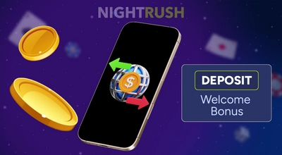 A phone with a currency exchange icon and a Deposit: Welcome Bonus box.