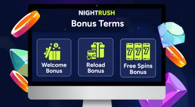 Bonuses and terms on a screen with casino items against a starry background.