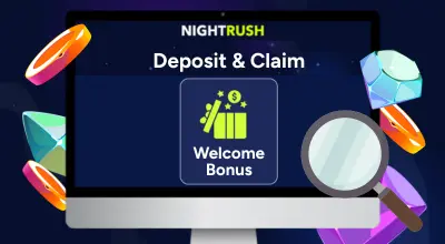 Casino items, welcome offer, and deposit on a screen against a blue background.