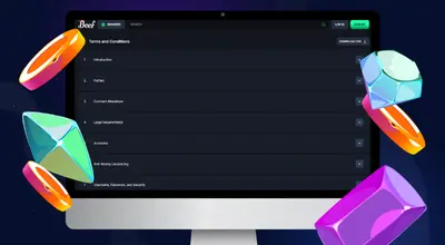 Laptop shows Beef Casino's terms and conditions.
