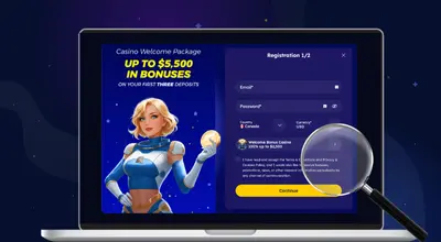 Laptop showing account registration for a Canadian casino with a Welcome Package bonus.