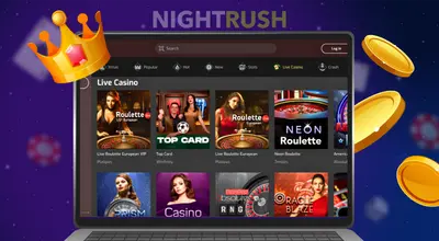 Laptop screen showing a selection of live dealer casino games next to a gold crown.