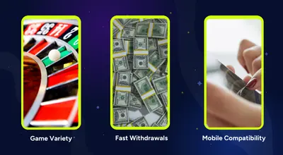 Three vertical images showing a roulette wheel, stacks of cash, and a person holding a mobile phone.