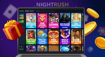 A laptop screen displays colorful slot game icons next to a gift box and gold coins.