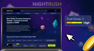 Laptop screen showing Curacao-licensed casinos for Canada with a High Trust Score rating.