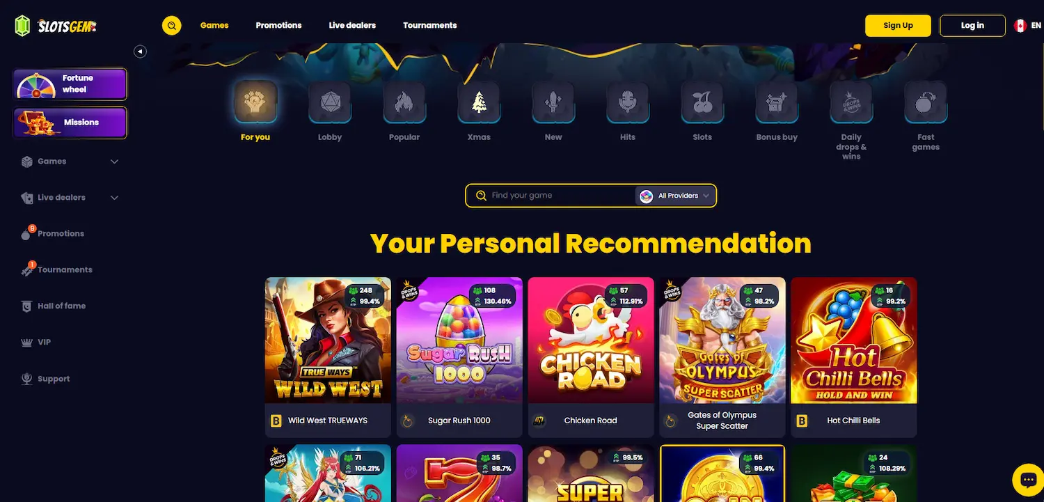 Slotsgem Casino slot games page