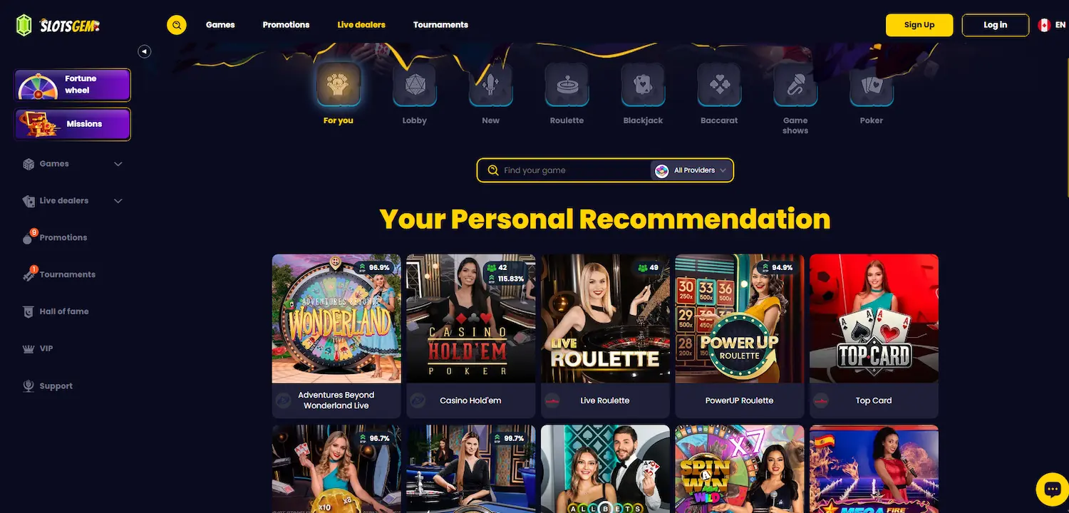 Slotsgem Casino live dealer games page