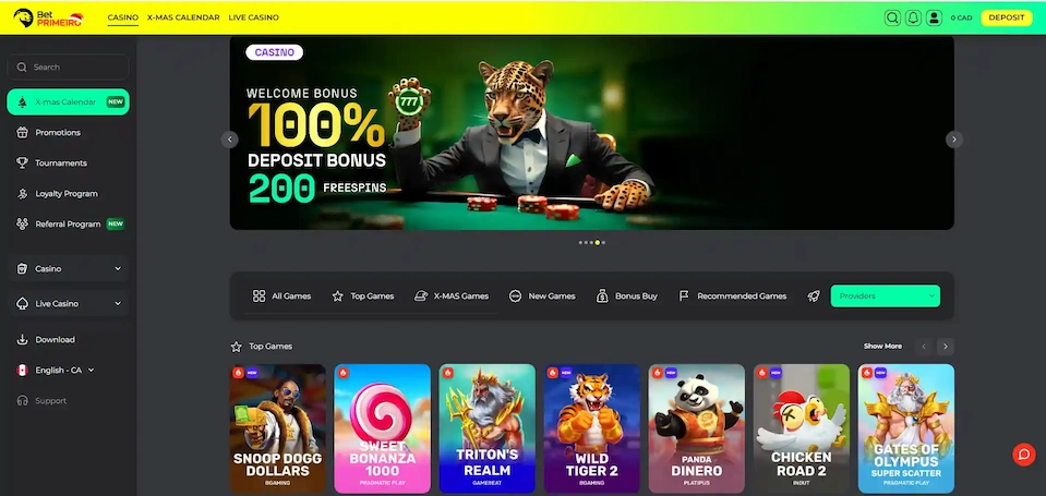 BetPRIMEIRO's main page with a tiger head mascot, bonus details, and selected games.