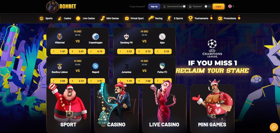 Donbet Casino with selected sports and casino categories and menu against a black background.