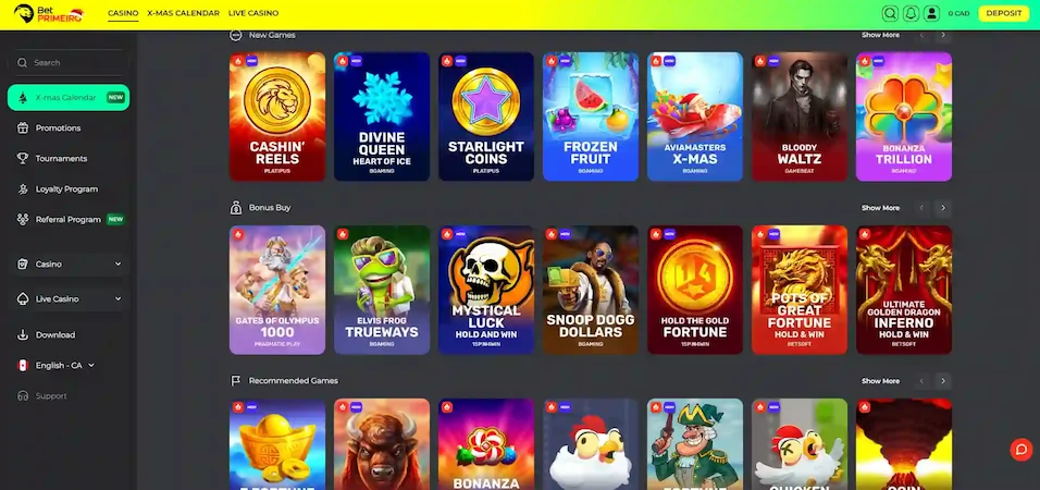 BetPRIMEIRO's games with selected titles such as new, bonus buy, and recommended.