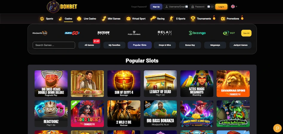 Donbet Casino's casino games with selected popular slots and menu against a black background.