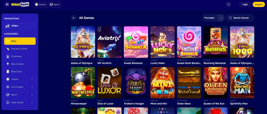 Screenshot of Vegasnova Casino's game selection.