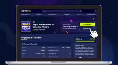 Laptop showing Nightrush's Vegasnova Casino Review page.