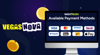 Laptop showing available deposit methods at Vegasnova, Vegasnova logo.