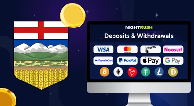 Laptop showing Deposit & Withdrawal payment methods, a logo of Province of Alberta next to it.