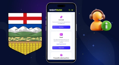 Laptop showing Nightrush's support chanels, a logo of Province of Alberta next to it.