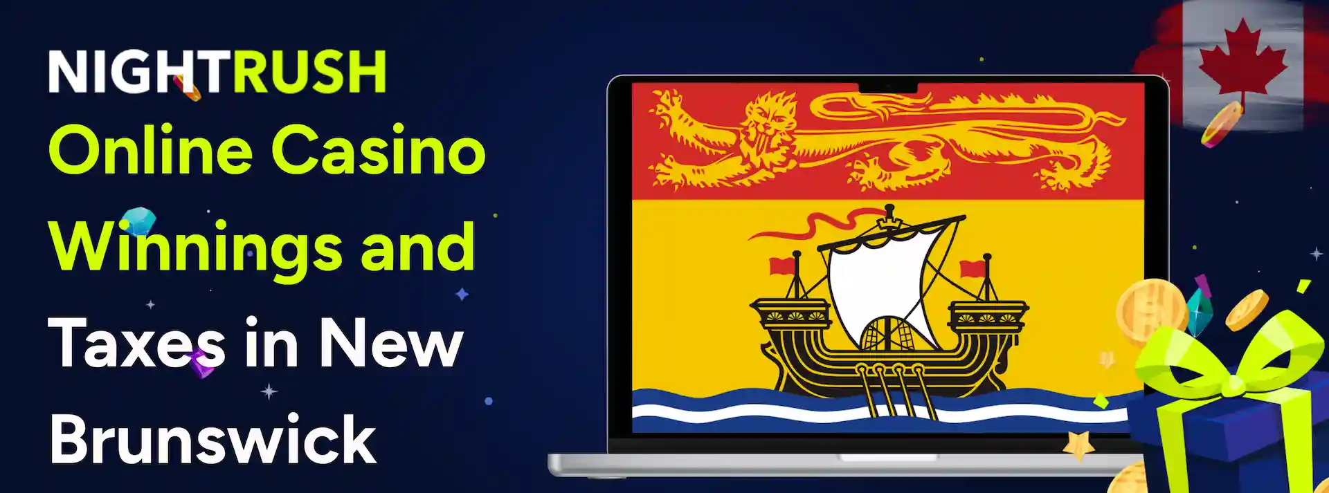 Online Casino Winnings and Taxes in New Brunswick with the NB flag on a laptop on a blue setting.