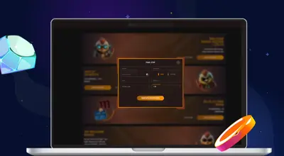 Registration process on a laptop with casino items against a blue background.