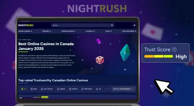 Laptop screen displaying Best Online Casinos in Canada January 2026 with a High Trust Score indicator.