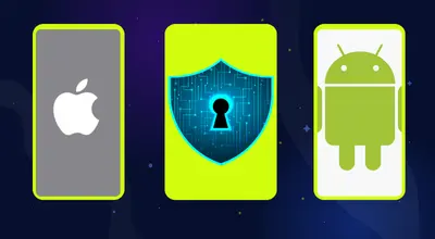 iOS and Android logos, and a lock on the screen against a starry background.