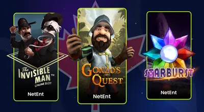 The Invisible Man, Gonzo's Quest, and Starburst slots against a blue background.