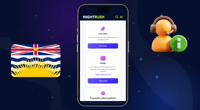 BC flag and a customer service symbol next to a phone on a starry background.