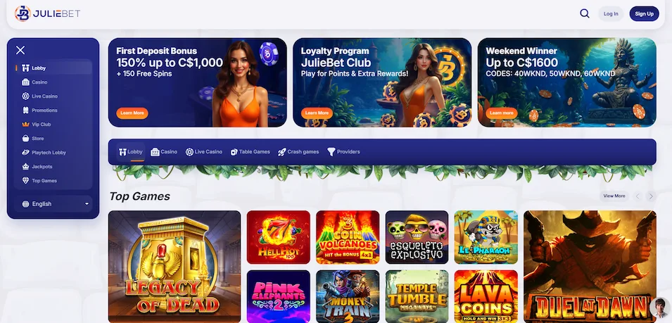 Juliebet Casino homepage screen