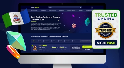 A computer monitor displays a guide to the best Canadian online casinos, accompanied by the Yukon flag.