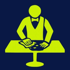 Live dealer in lime green against a blue background.