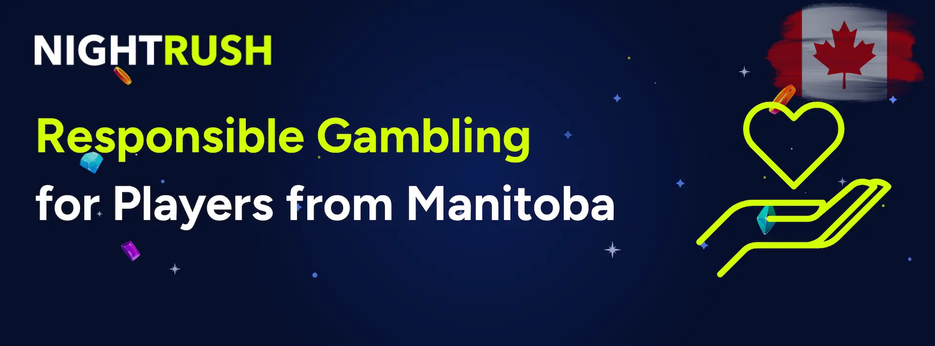 A heart icon held by a hand next to text regarding responsible gambling for Manitoba players.