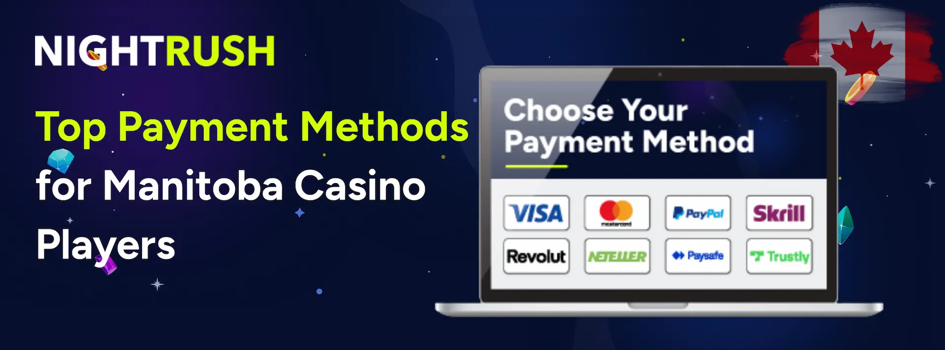 Laptop screen showing logos for Visa, Mastercard, PayPal, and Skrill for Manitoba players.