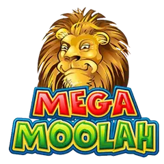 The Mega Moolah slot's title and lion head in red, yellow and green.