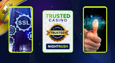 Trusted casino badge with SSL, KYC and NB flag against a starry background.