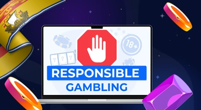 Responsible gambling on a laptop with the NB flag and casino items against a starry background.