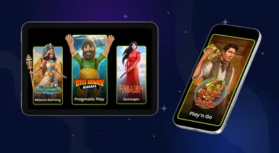 Popular casino slots on a tablet and a phone on a starry background.