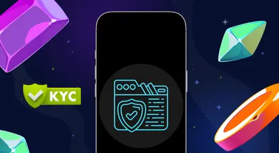 Security on a phone with a KYC button and casino items against a blue background.
