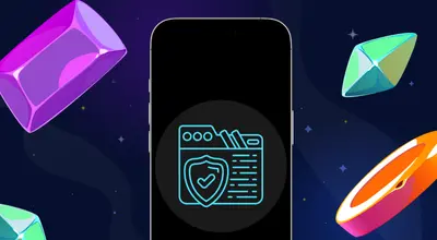 Security symbol on a phone with casino items against a dark banner.