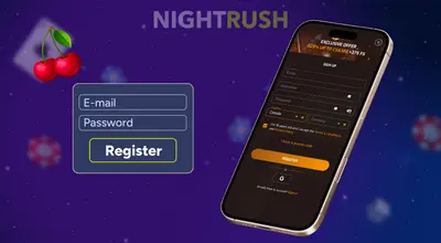 Mobile phone screen showing a registration form with email and password fields next to a red cherry icon.