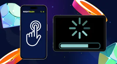 A touch on a phone and a loading screen on a tablet, with casino items against a starry background.