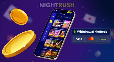 Mobile phone screen showing a slot game library and Withdrawal Methods for Visa and Mastercard.