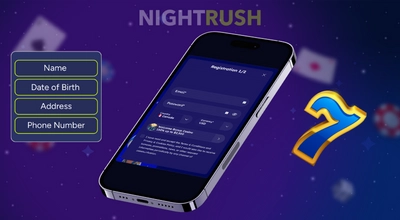 Smartphone showing a casino sign-up form with name, birth date, and address fields.